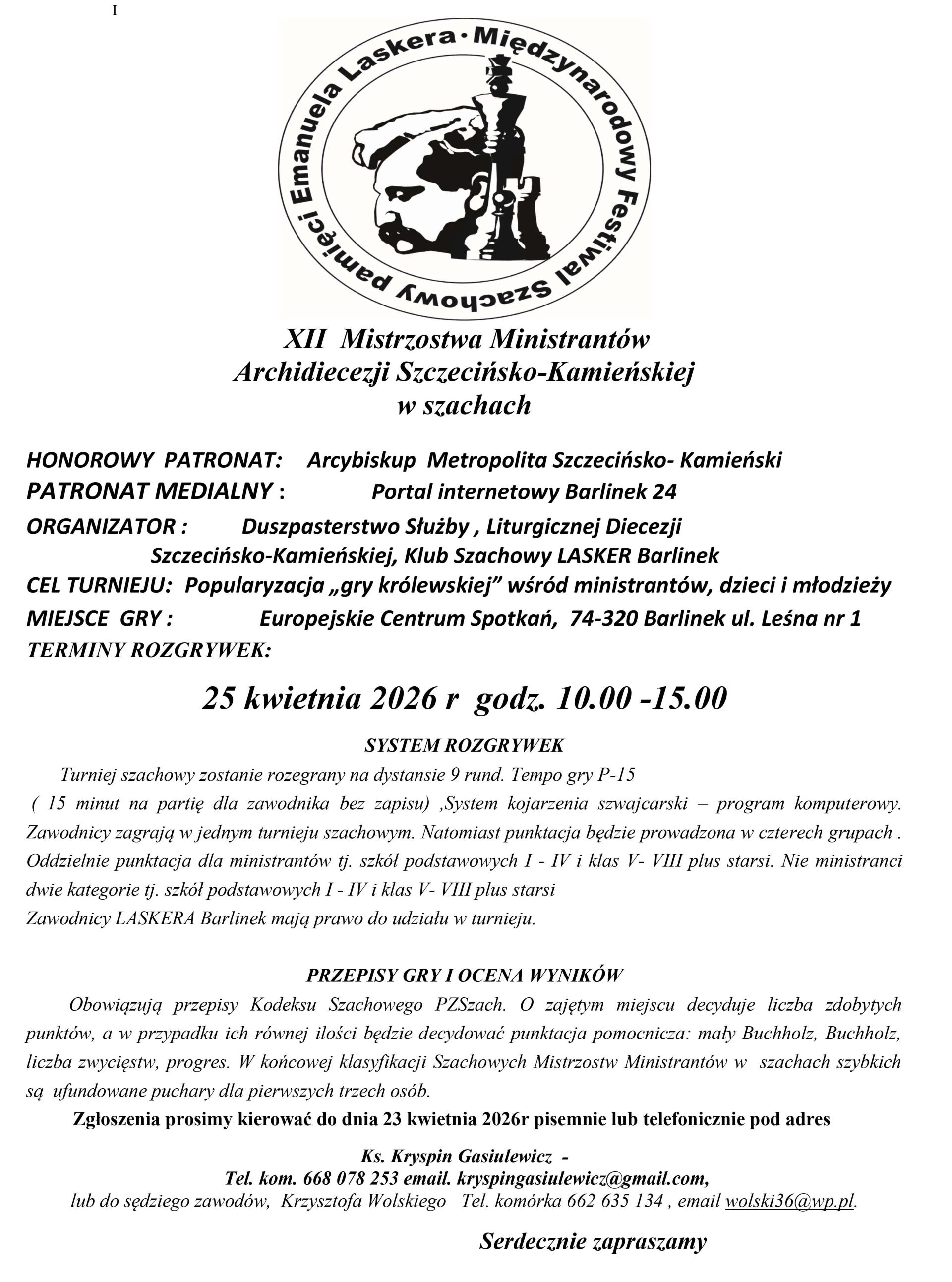 XII  Mistrzostwa Ministrantów Archidiecezji Szczecińsko-Kamieńskiej  w szachach